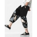 Mens Japanese Cat Print Patchwork 100%Cotton Loose Cropped Pants