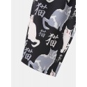 Mens Japanese Cat Print Patchwork 100%Cotton Loose Cropped Pants