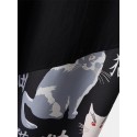 Mens Japanese Cat Print Patchwork 100%Cotton Loose Cropped Pants