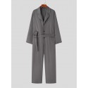 Mens Solid Lapel Button Front Belted Blazer Jumpsuit