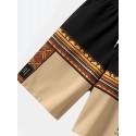 Mens Ethnic Pattern Patchwork Drawstring Waist Shorts With Pocket