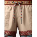 Mens Ethnic Totem Print Patchwork Drawstring Waist Shorts