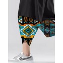 Mens Geometric Print Cuff Patchwork Cotton Cropped Pants