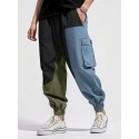 Mens Color Block Patchwork Elastic Cuff Loose Cargo Pants
