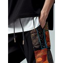 Mens Ethnic Pattern Patchwork Drawstring Waist Loose Sweatpants