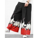 Mens Chinese Style Crane Landscape Print Wide Leg Pants
