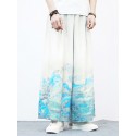 Mens Chinese Style Crane Landscape Print Wide Leg Pants