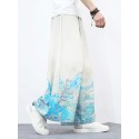 Mens Chinese Style Crane Landscape Print Wide Leg Pants