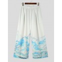 Mens Chinese Style Crane Landscape Print Wide Leg Pants