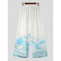 Mens Chinese Style Crane Landscape Print Wide Leg Pants
