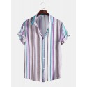 Mens Stripe Print Short Sleeve Lapel Regular Hem Preppy Shirt