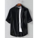 Mens Linen Pure Color Short Sleeved Loose Shirts