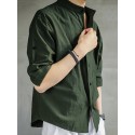 Mens Linen Pure Color Short Sleeved Loose Shirts