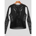 Mens Cutout Mesh See Through Solid Long Sleeve T-Shirt
