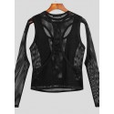 Mens Cutout Mesh See Through Solid Long Sleeve T-Shirt