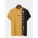 Mens Letter Geometric Print Patchwork Mock Neck Short Sleeve T-Shirts