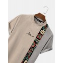 Mens Letter Geometric Print Patchwork Mock Neck Short Sleeve T-Shirts