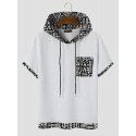 Mens Monochrome Geometric Print Splice Texture Short Sleeve Hooded T-Shirts
