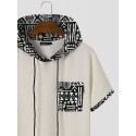 Mens Monochrome Geometric Print Splice Texture Short Sleeve Hooded T-Shirts