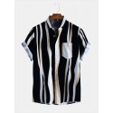 Mens Fashion Plain Color Striola Chest Pocket Short Sleeve Casual Shirts