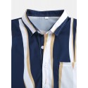 Mens Fashion Plain Color Striola Chest Pocket Short Sleeve Casual Shirts