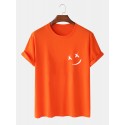 Mens Smile Chest Print O-Neck Casual Loose Short Sleeve T-Shirt