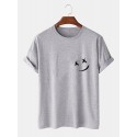 Mens Smile Chest Print O-Neck Casual Loose Short Sleeve T-Shirt