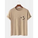 Mens Smile Chest Print O-Neck Casual Loose Short Sleeve T-Shirt