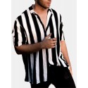 Mens New Fashion Trendy Black Striped Short Sleeved Shirts