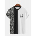 Mens Geometric Funny Face Print Patchwork Knit Short Sleeve T-Shirts