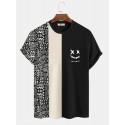 Mens Geometric Funny Face Print Patchwork Knit Short Sleeve T-Shirts