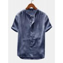 Men Summer Short Sleeve Henley Shirts Cotton Linen Button Neck Shirt Tops Blouse