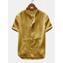 Men Summer Short Sleeve Henley Shirts Cotton Linen Button Neck Shirt Tops Blouse