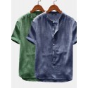 Men Summer Short Sleeve Henley Shirts Cotton Linen Button Neck Shirt Tops Blouse