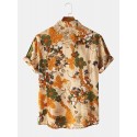 Mens Cotton Floral Oil Printing Turn Down Collar Short Sleeve Shirts