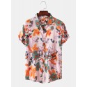 Mens Cotton Floral Oil Printing Turn Down Collar Short Sleeve Shirts