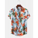 Mens Cotton Floral Oil Printing Turn Down Collar Short Sleeve Shirts