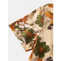 Mens Cotton Floral Oil Printing Turn Down Collar Short Sleeve Shirts