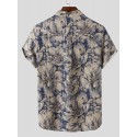 Men Floral 100%Cotton Linen Button Short Sleeve Casual Shirts