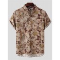 Men Floral 100%Cotton Linen Button Short Sleeve Casual Shirts