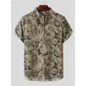Men Floral 100%Cotton Linen Button Short Sleeve Casual Shirts