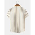 Mens Striped Chest Pocket Button Up Corduroy Short Sleeve Shirts
