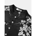 Mens Monochrome Floral Print Texture Short Sleeve Henley Shirts