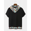 Mens Geometric Print Patchwork Chest Pocket Short Sleeve Hooded T-Shirts