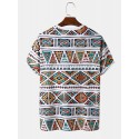Mens Colorful Geometric Print Chest Pocket Ethnic Short Sleeve T-Shirts