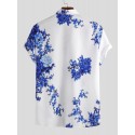 Men Porcelain Floral Print Short Sleeve Relaxed Shirts