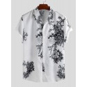 Men Porcelain Floral Print Short Sleeve Relaxed Shirts