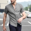 Men Linen Short Sleeve Shirt Beach Loose Soft Casual Collarless Shirt Top Blouse