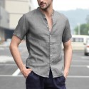 Men Linen Short Sleeve Shirt Beach Loose Soft Casual Collarless Shirt Top Blouse
