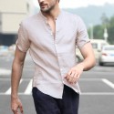 Men Linen Short Sleeve Shirt Beach Loose Soft Casual Collarless Shirt Top Blouse